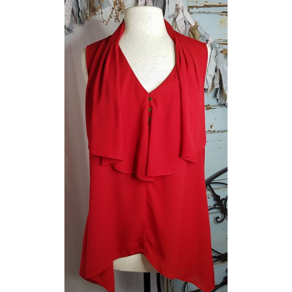 Hayley Matthews red flowy blouse